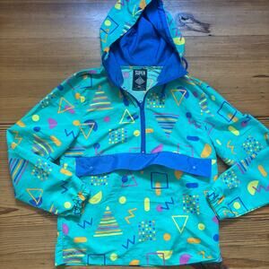 Massive 90s‎ green teal blue shapes hooded pullover adult jacket SIZE S